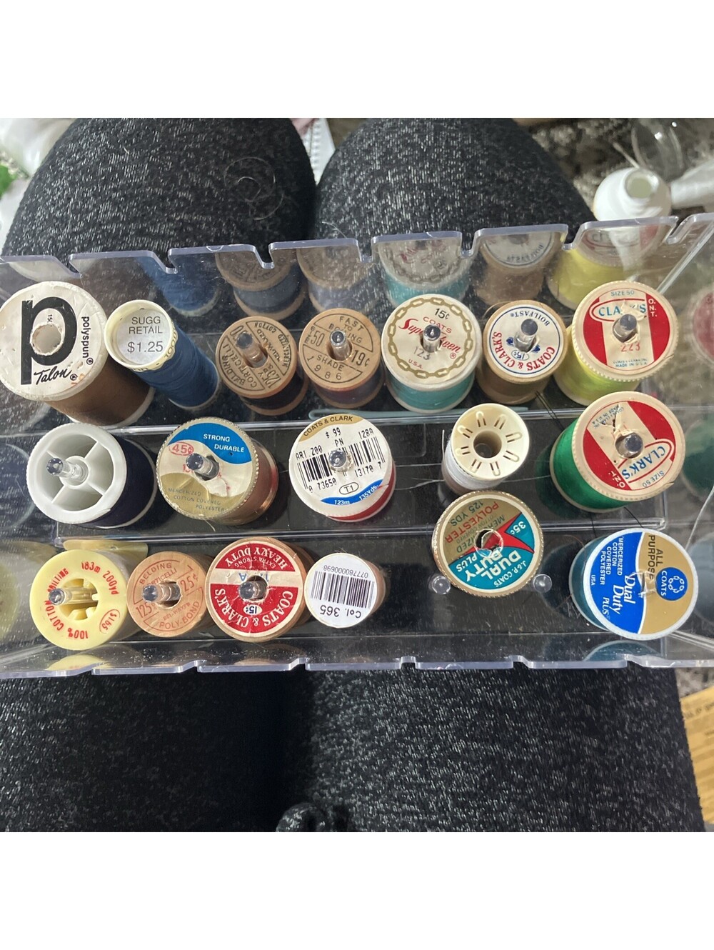 Vintage Sewing Thread Spools Lot w Case Needle Threader Dual Duty Clark’s
